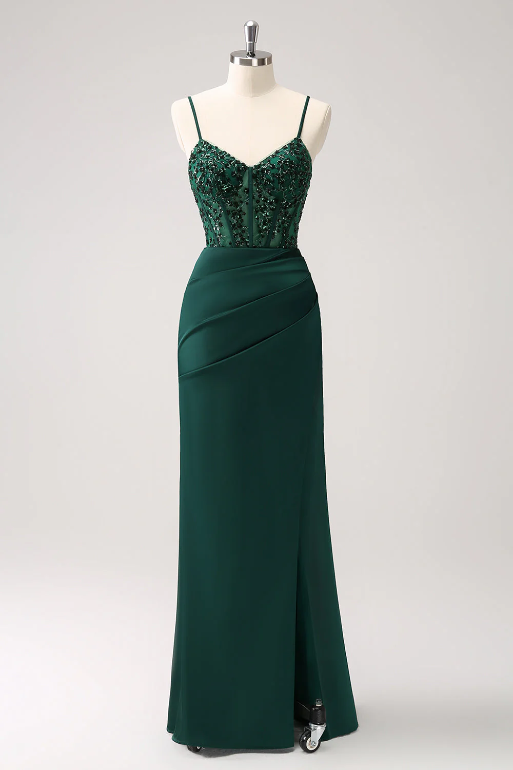 Dark Green Mermaid Spaghetti Straps Corset Satin Long Bridesmaid Dress with Slit - Image 3