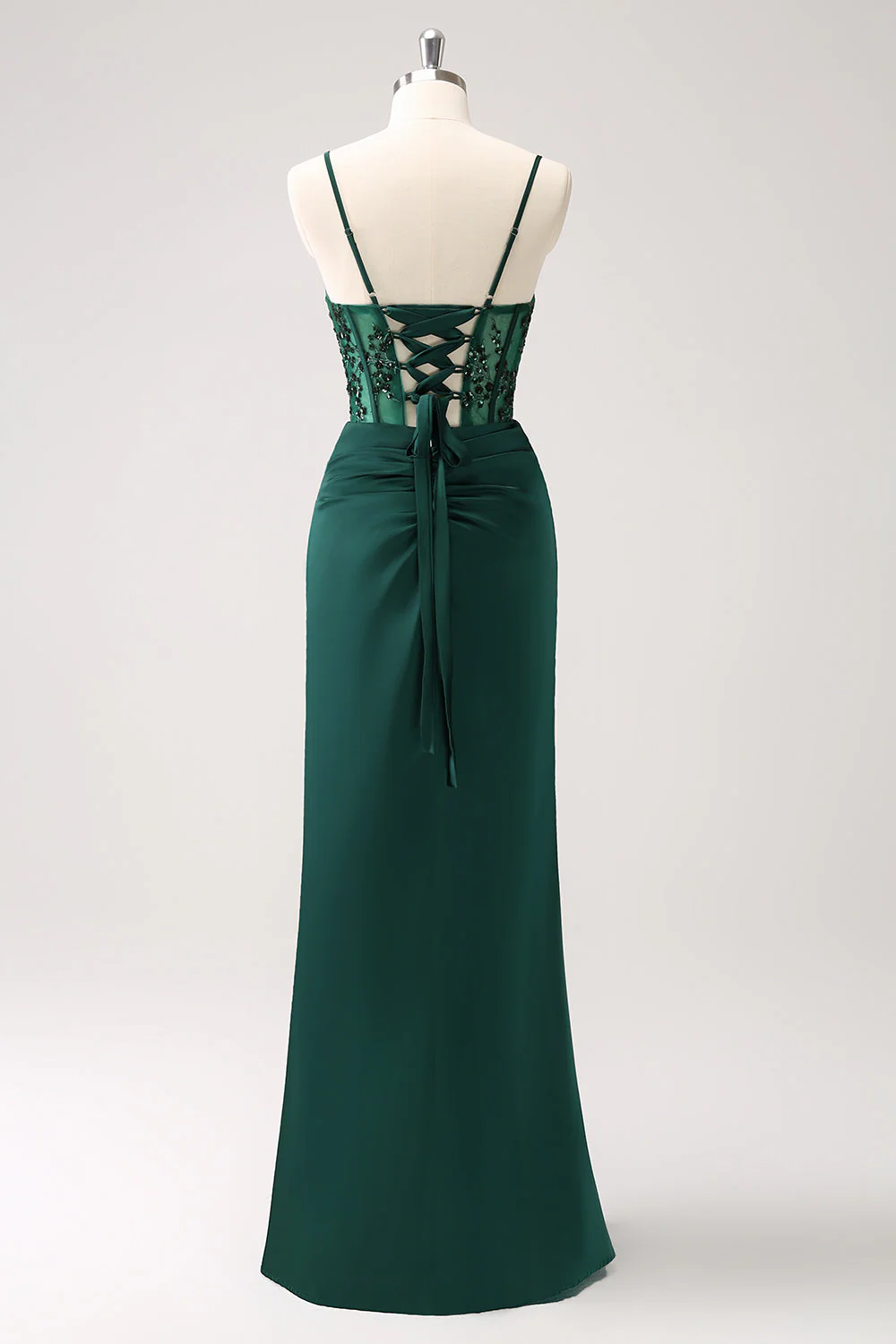Dark Green Mermaid Spaghetti Straps Corset Satin Long Bridesmaid Dress with Slit - Image 4