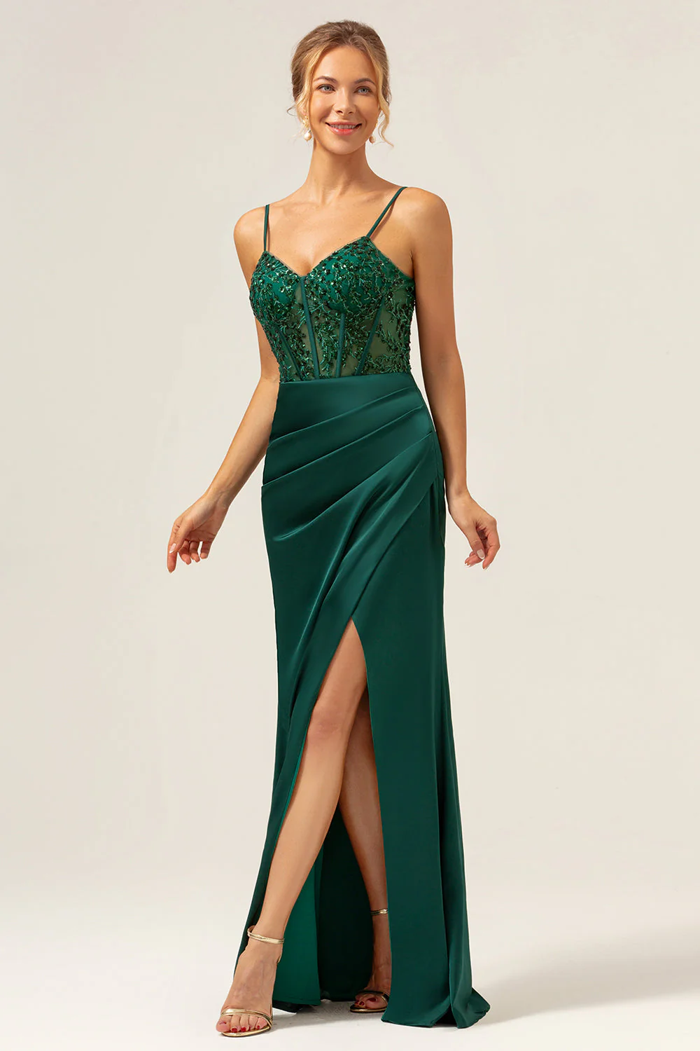Dark Green Mermaid Spaghetti Straps Corset Satin Long Bridesmaid Dress with Slit - Image 5