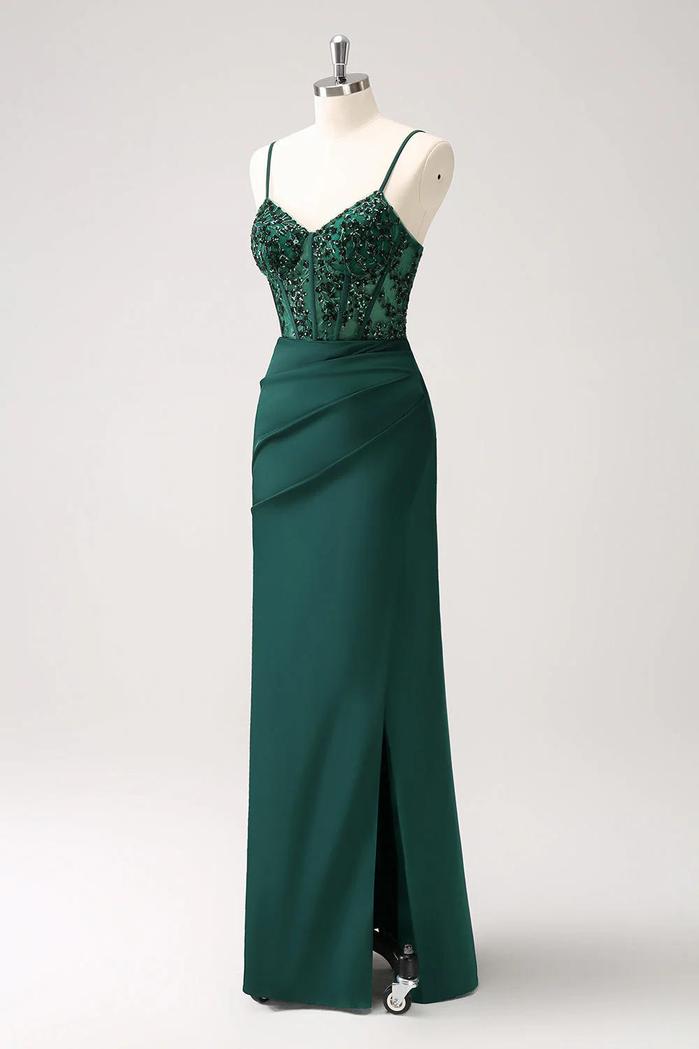 Dark Green Sheath Spaghetti Straps Satin Long Prom Dress with Slit - Image 5