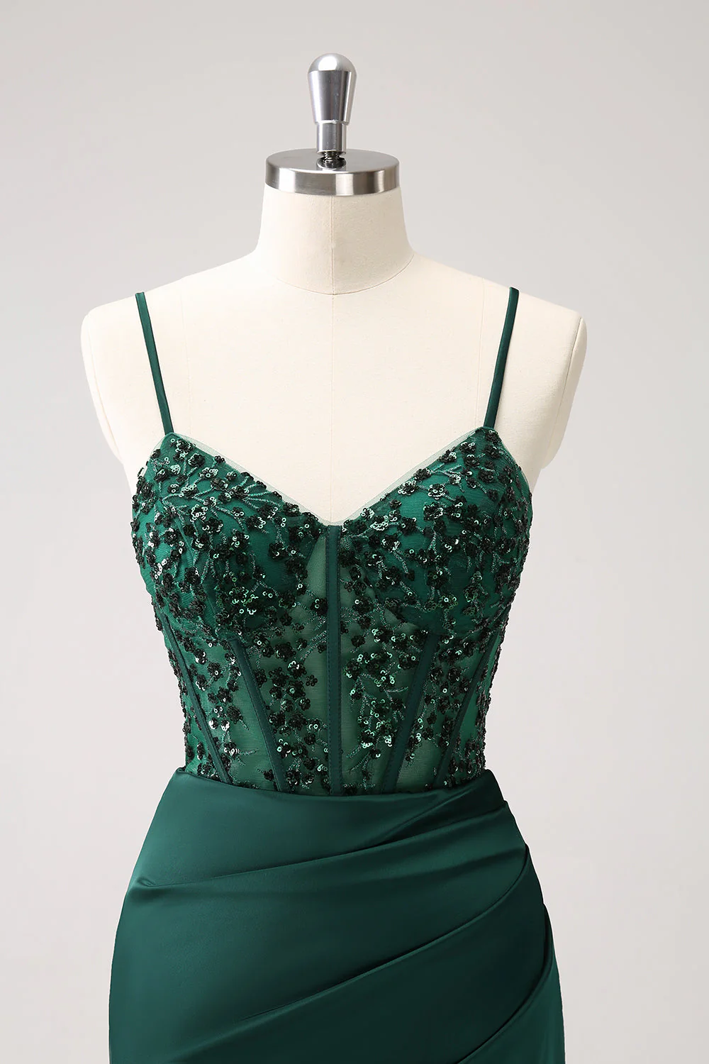Dark Green Sheath Spaghetti Straps Satin Long Prom Dress with Slit - Image 6
