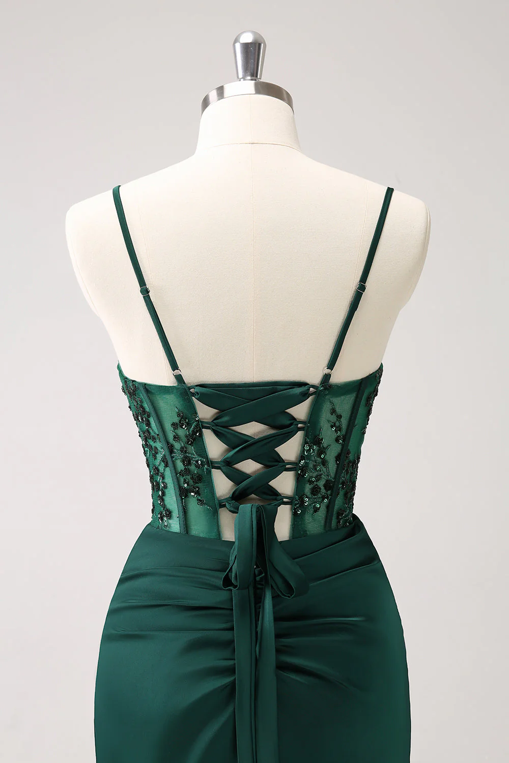 Dark Green Sheath Spaghetti Straps Satin Long Prom Dress with Slit - Image 7
