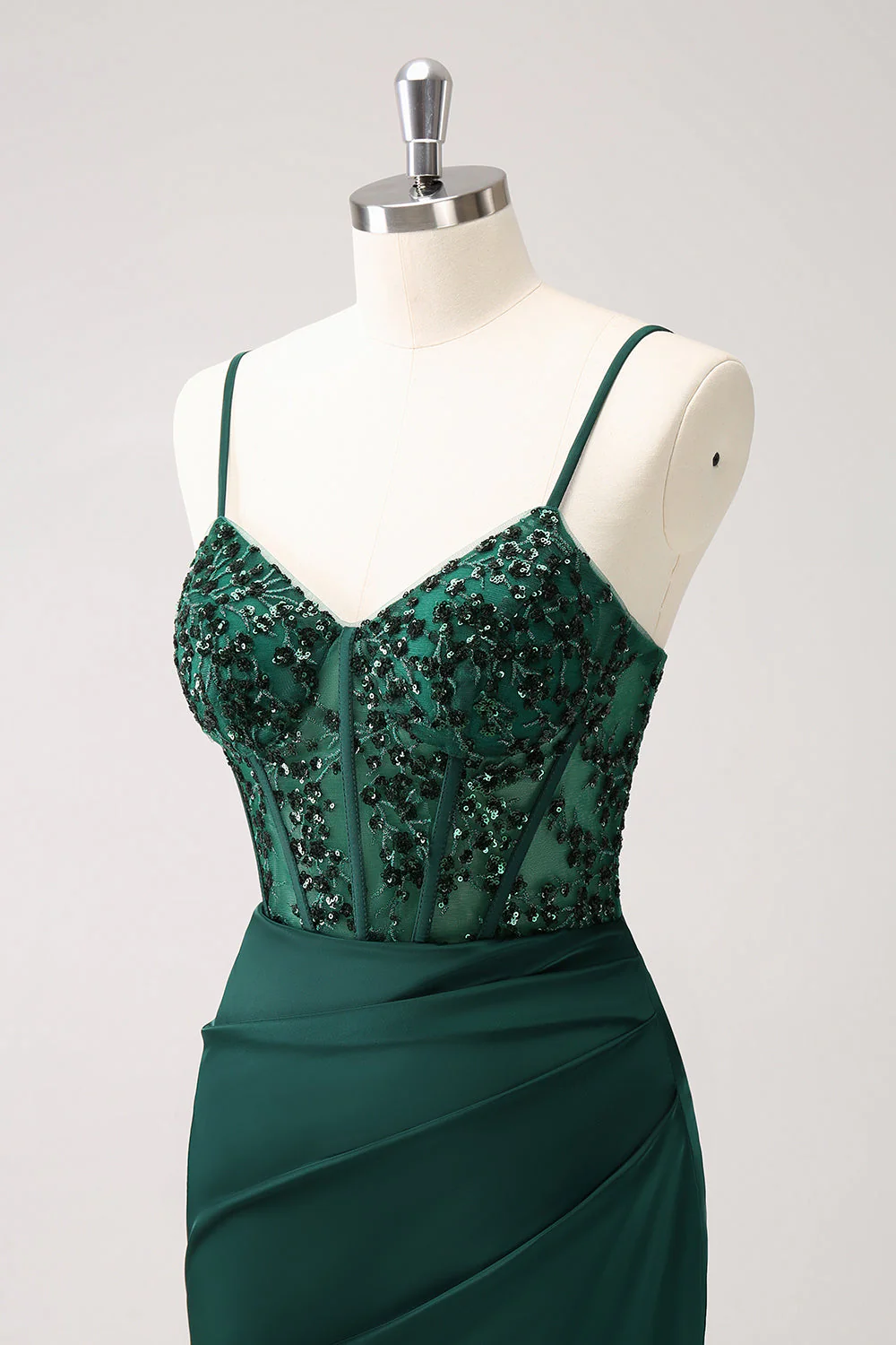 Dark Green Sheath Spaghetti Straps Satin Long Prom Dress with Slit - Image 8