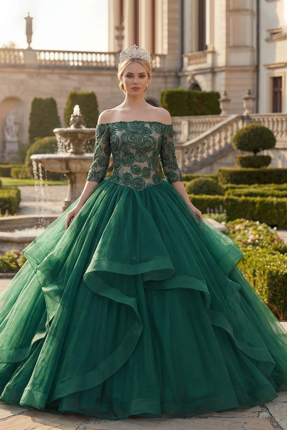 Dark Green Off the Shoulder Ball Gown Ruffled Quinceanera Dress