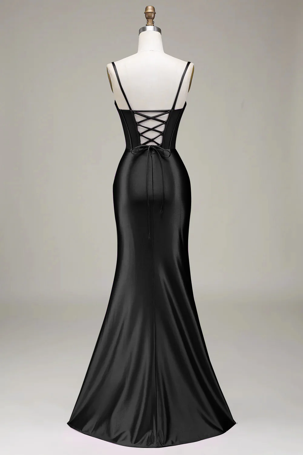 Dark Green Satin Spaghetti Straps Corset Prom Dress with Slit - Image 10