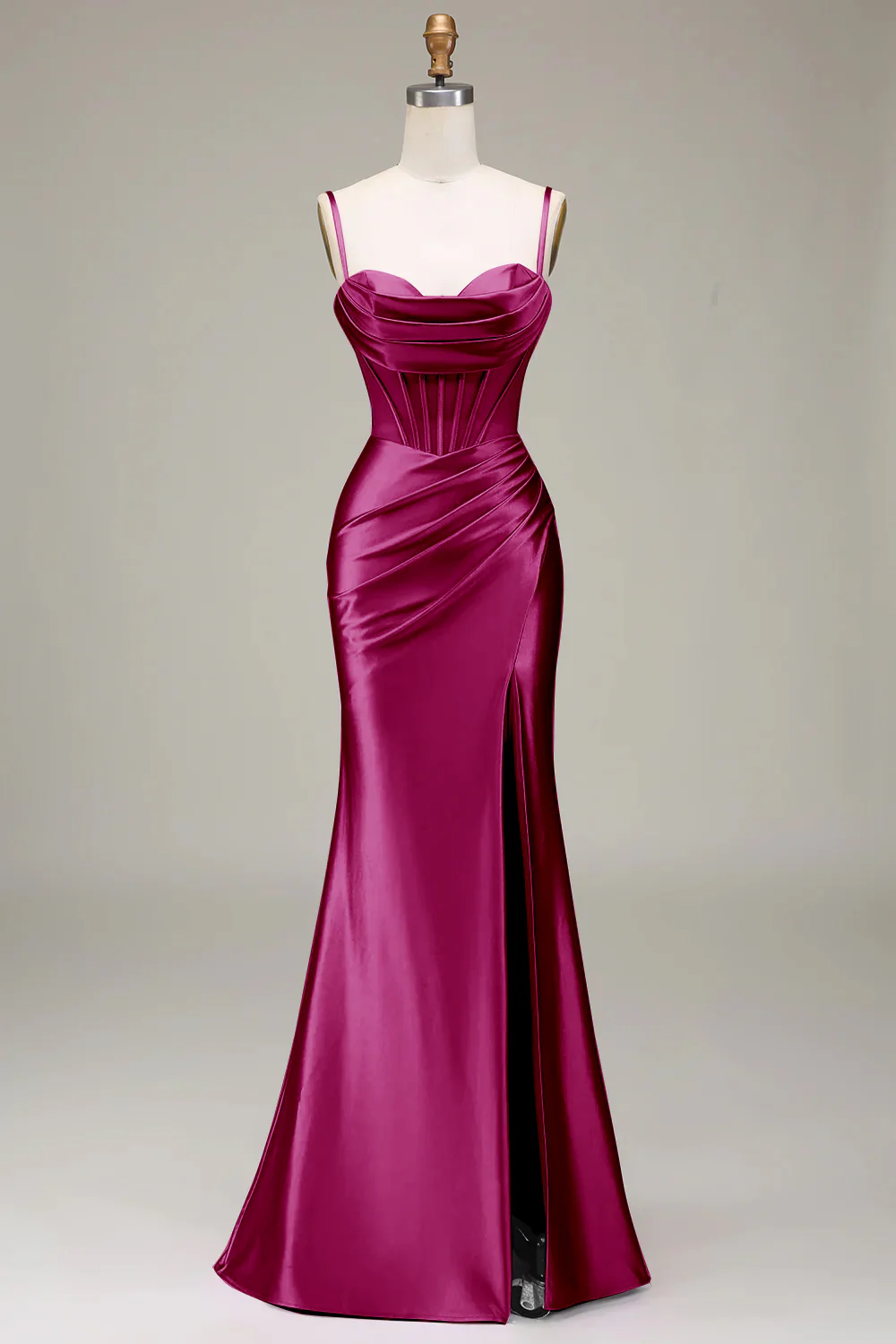 Dark Green Satin Spaghetti Straps Corset Prom Dress with Slit - Image 19