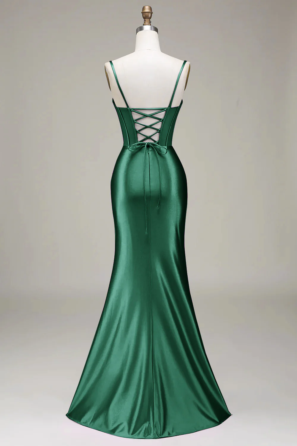 Dark Green Satin Spaghetti Straps Corset Prom Dress with Slit - Image 2