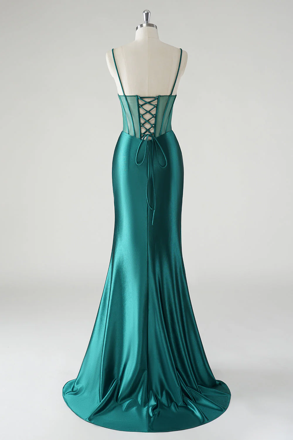 Dark Green Satin Spaghetti Straps Mermaid Prom Dress - Image 2