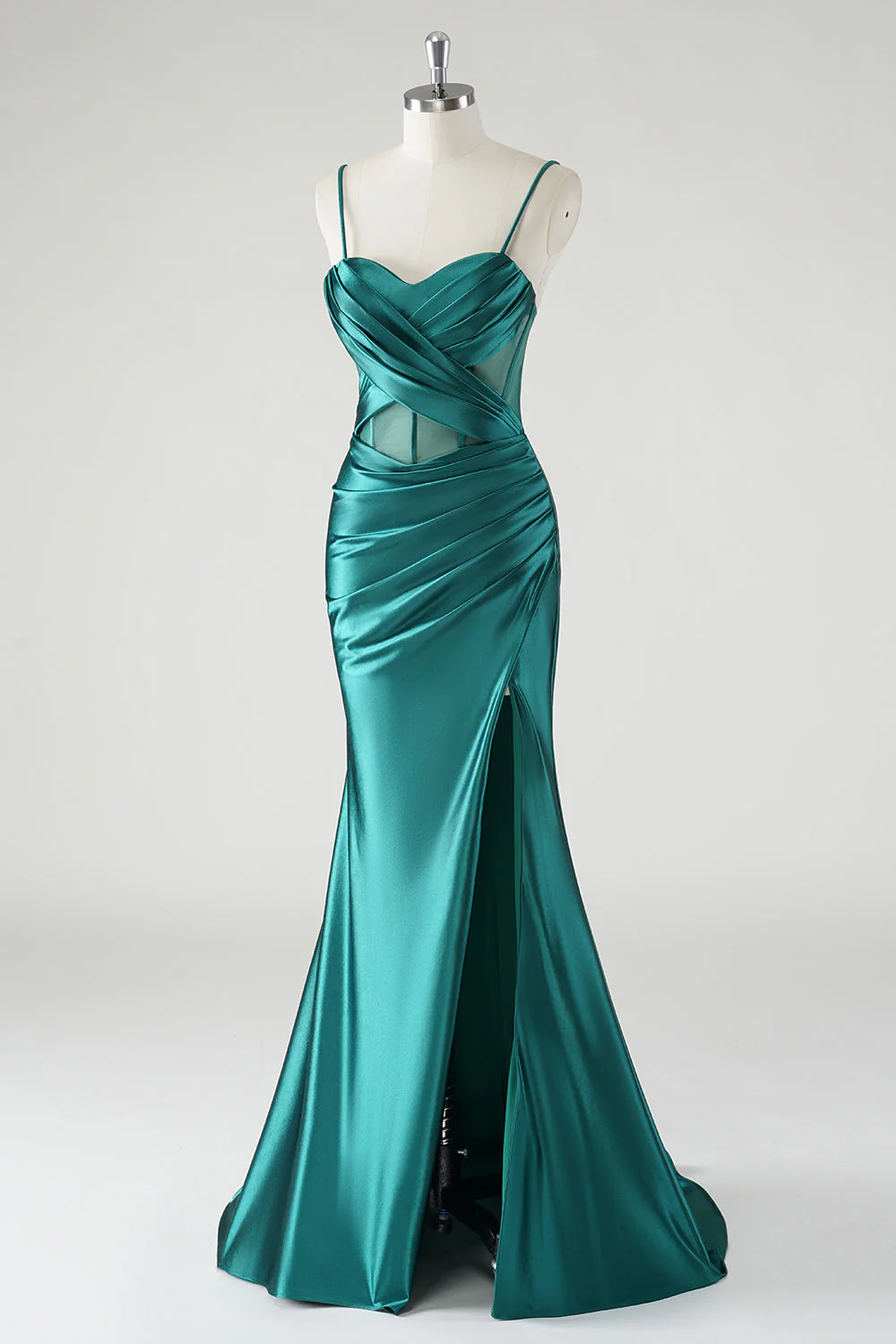 Dark Green Satin Spaghetti Straps Mermaid Prom Dress - Image 3