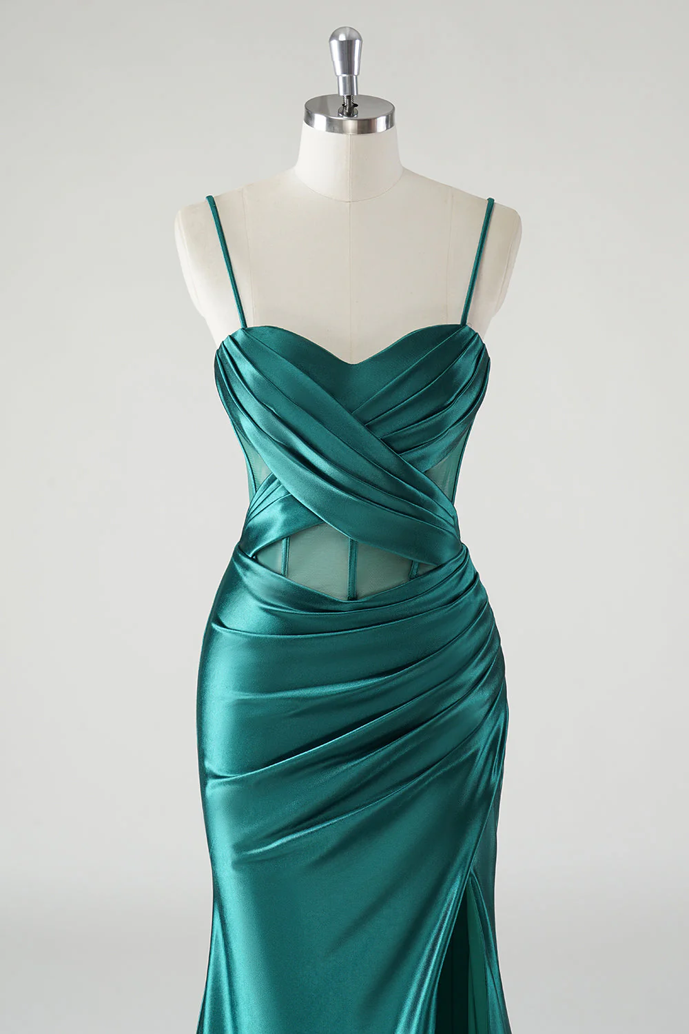 Dark Green Satin Spaghetti Straps Mermaid Prom Dress - Image 4