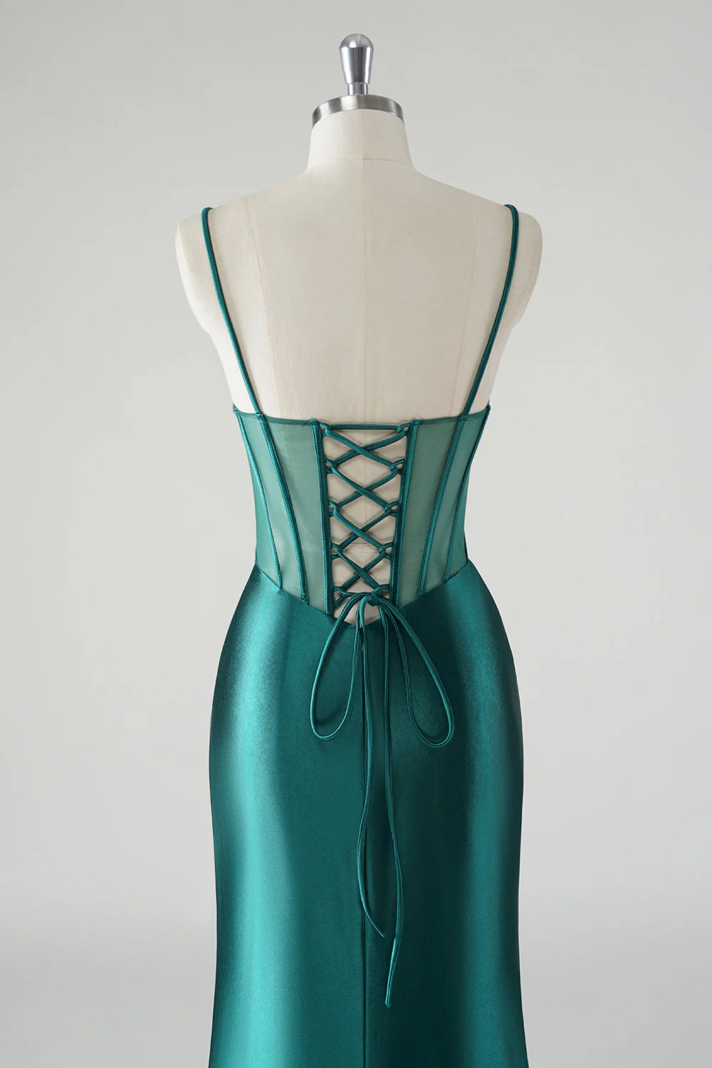 Dark Green Satin Spaghetti Straps Mermaid Prom Dress - Image 5