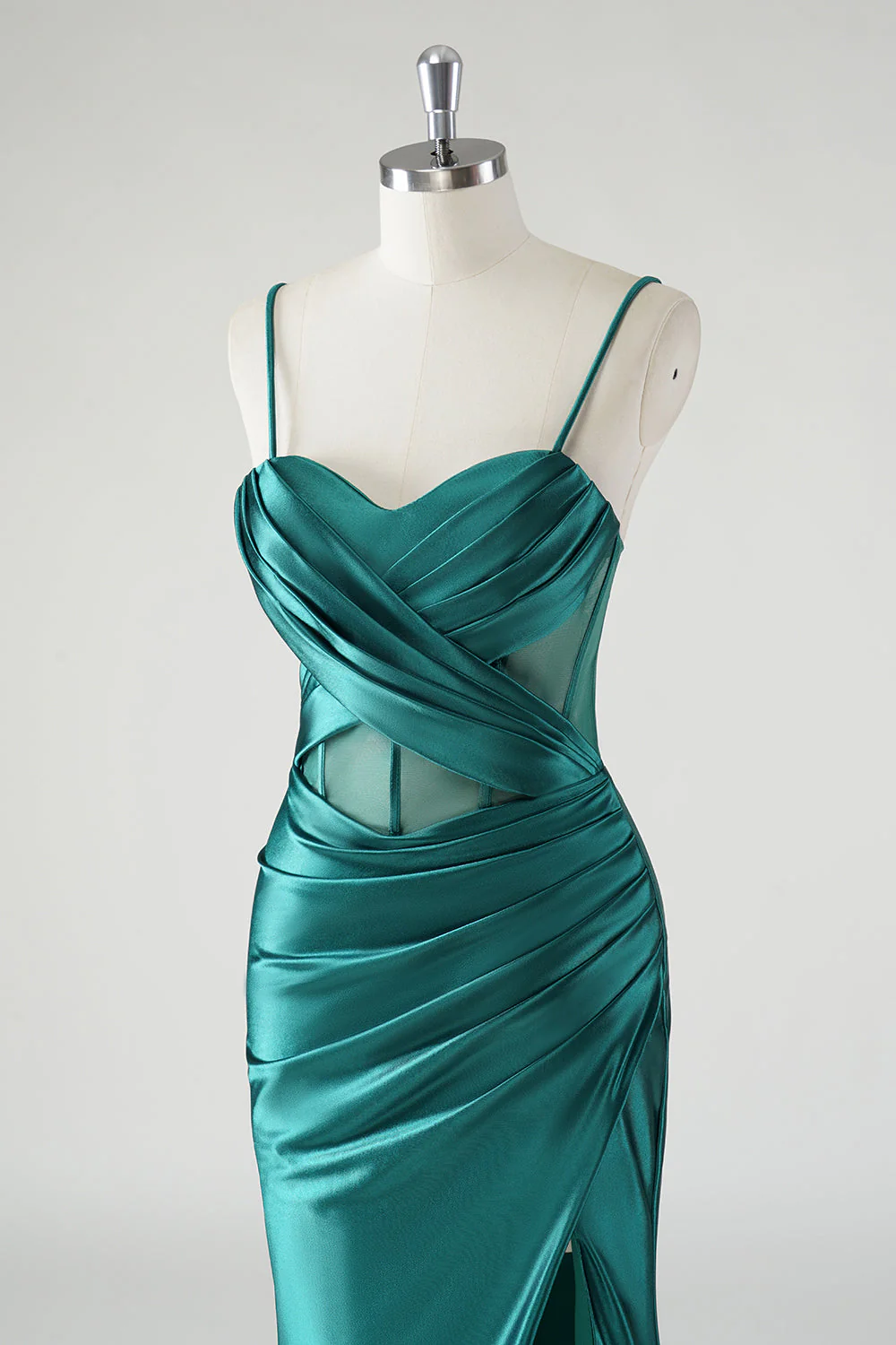 Dark Green Satin Spaghetti Straps Mermaid Prom Dress - Image 6