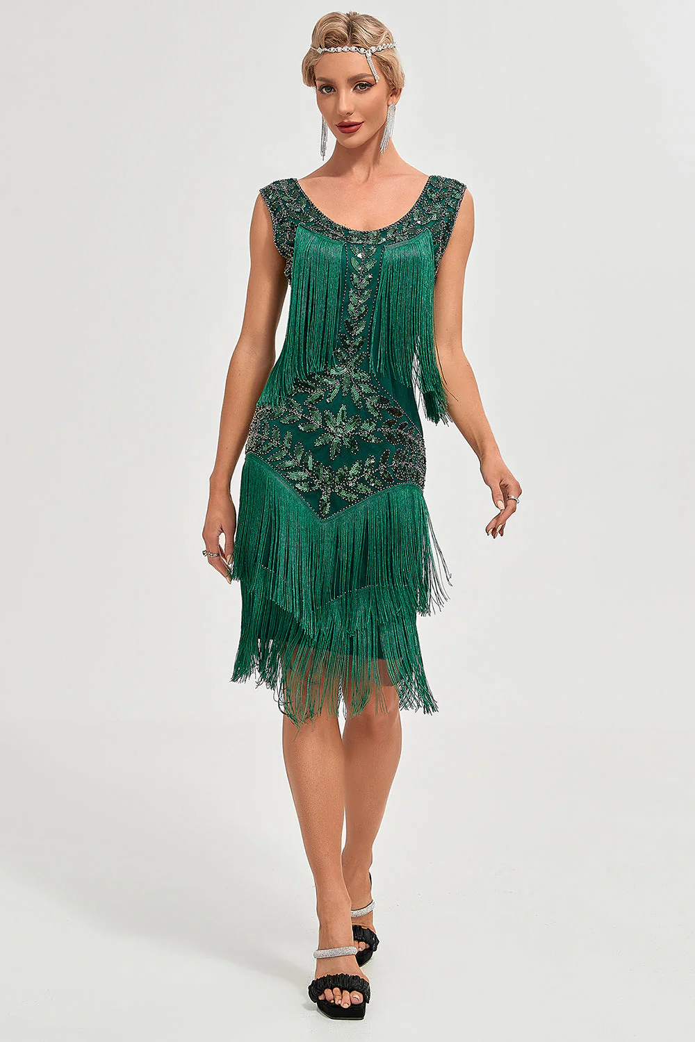 Dark Green Sequins Fringes Great Gatsby Dress with Accessories Set - Image 5