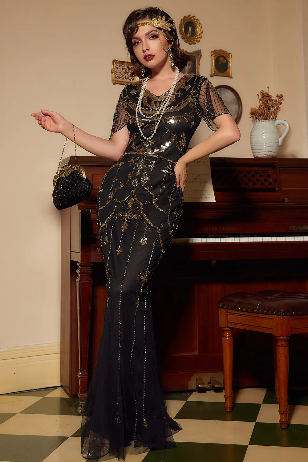 Dark Green Sequins Long 1920s Dress - Image 3
