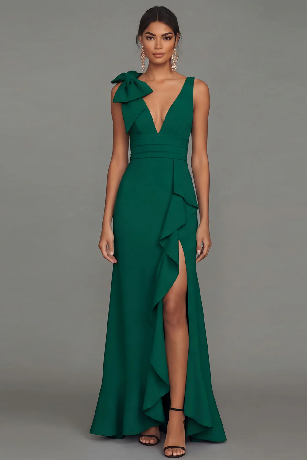 Dark Green A Line V-Neck Bowed Long Evening Dress with Ruffle Slit