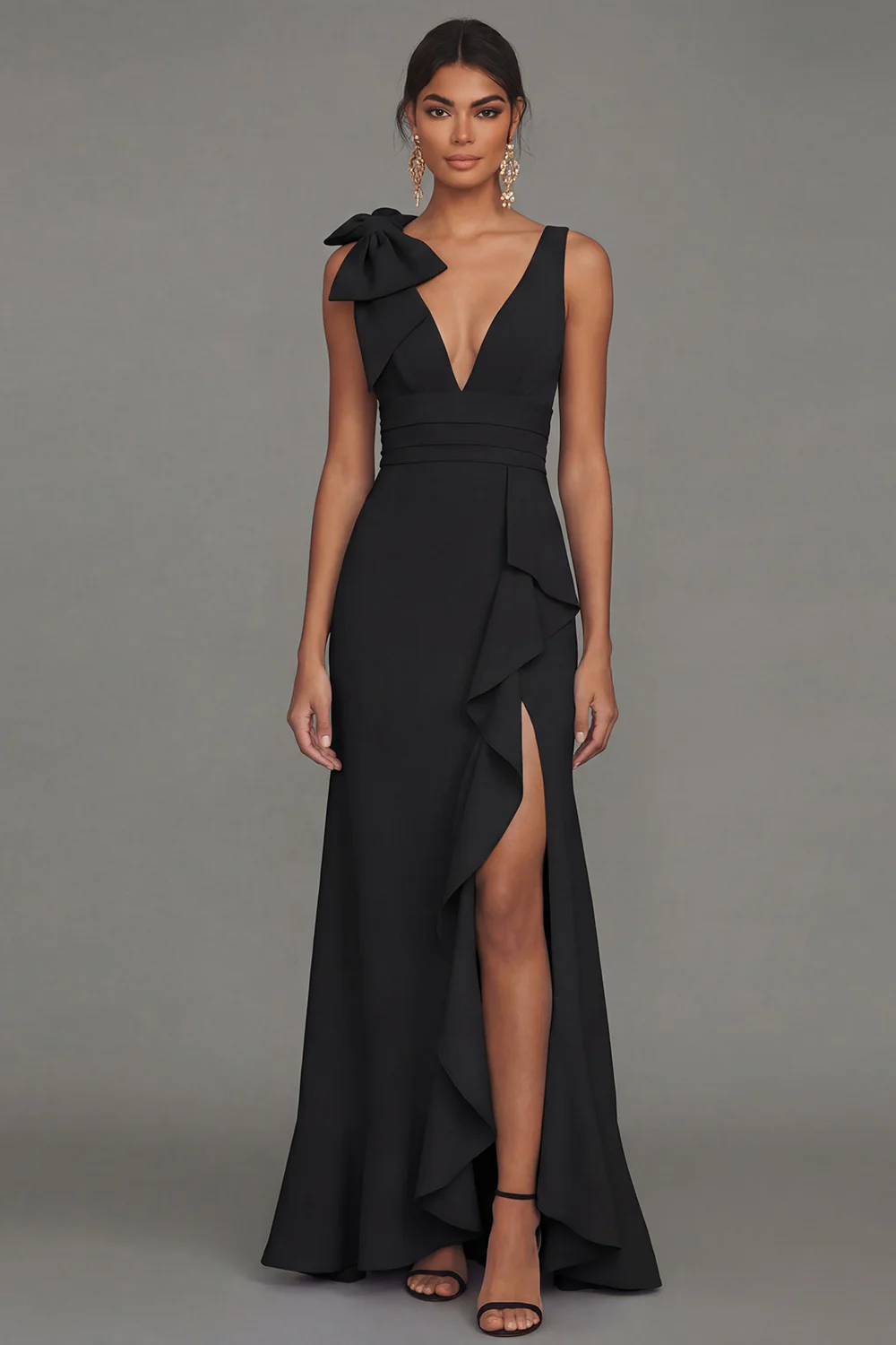 Dark Green A Line V-Neck Bowed Long Evening Dress with Ruffle Slit - Image 11