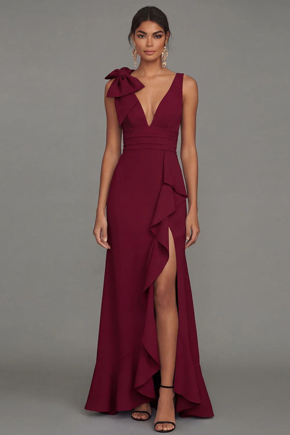 Dark Green A Line V-Neck Bowed Long Evening Dress with Ruffle Slit - Image 12