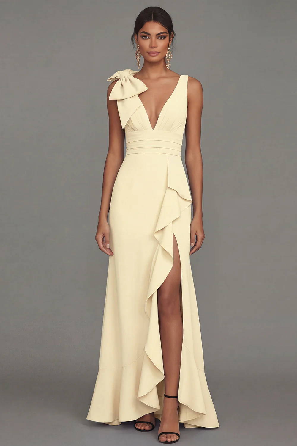 Dark Green A Line V-Neck Bowed Long Evening Dress with Ruffle Slit - Image 13