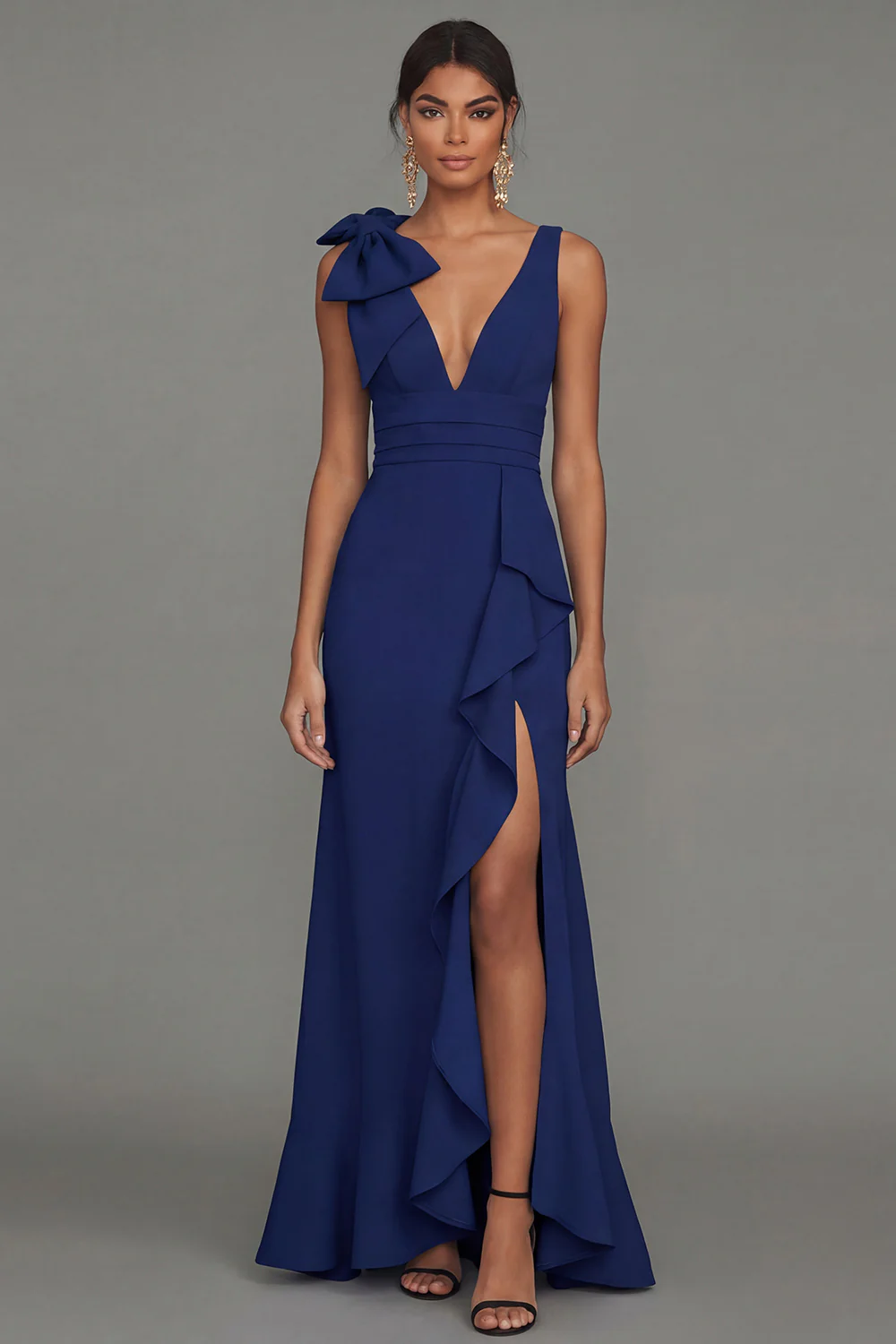 Dark Green A Line V-Neck Bowed Long Evening Dress with Ruffle Slit - Image 14