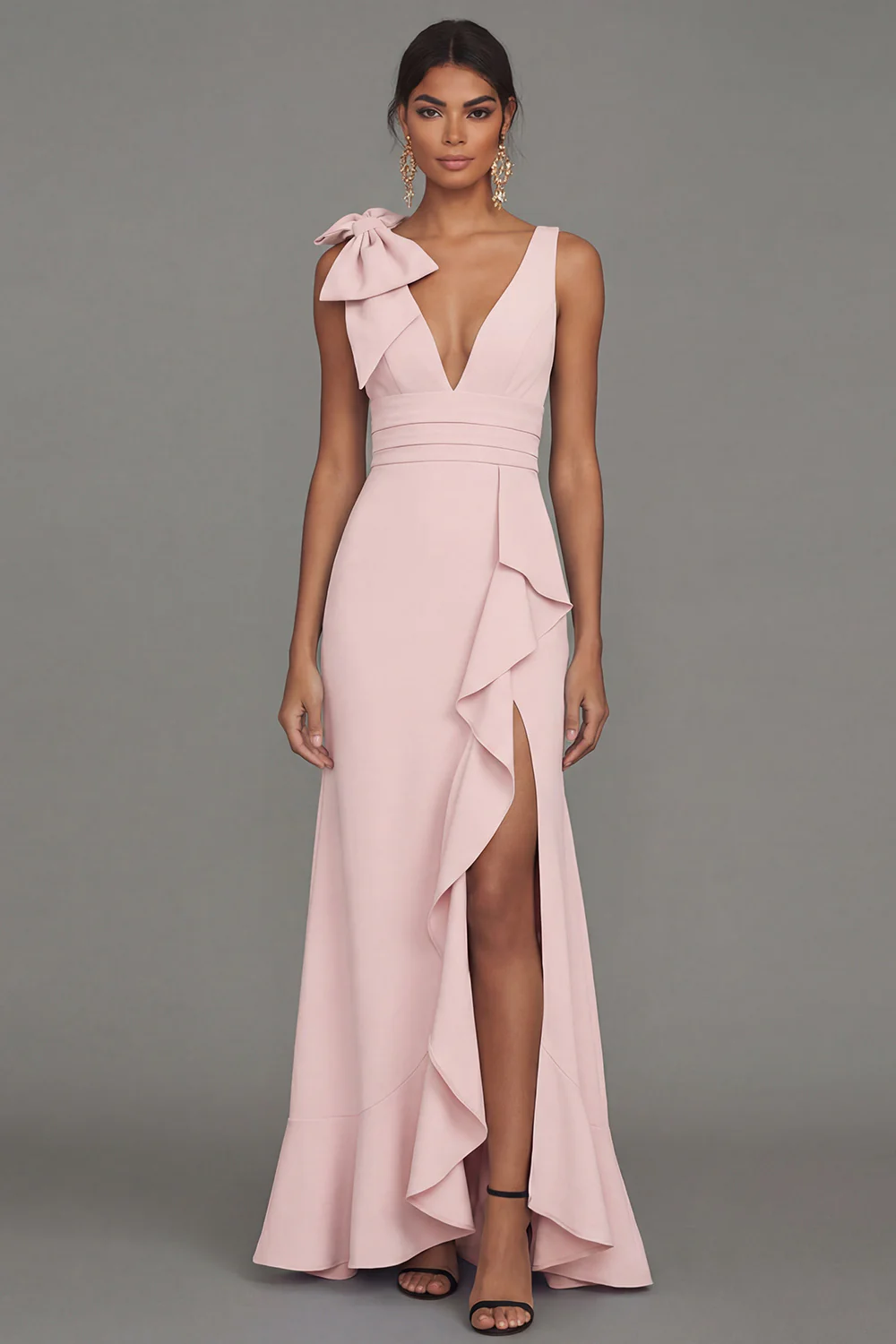 Dark Green A Line V-Neck Bowed Long Evening Dress with Ruffle Slit - Image 16