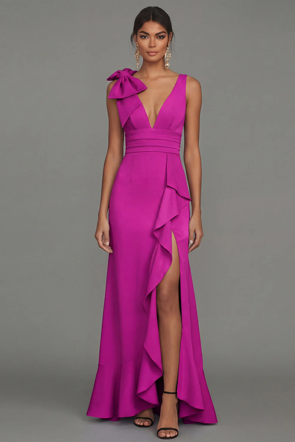 Dark Green A Line V-Neck Bowed Long Evening Dress with Ruffle Slit - Image 17