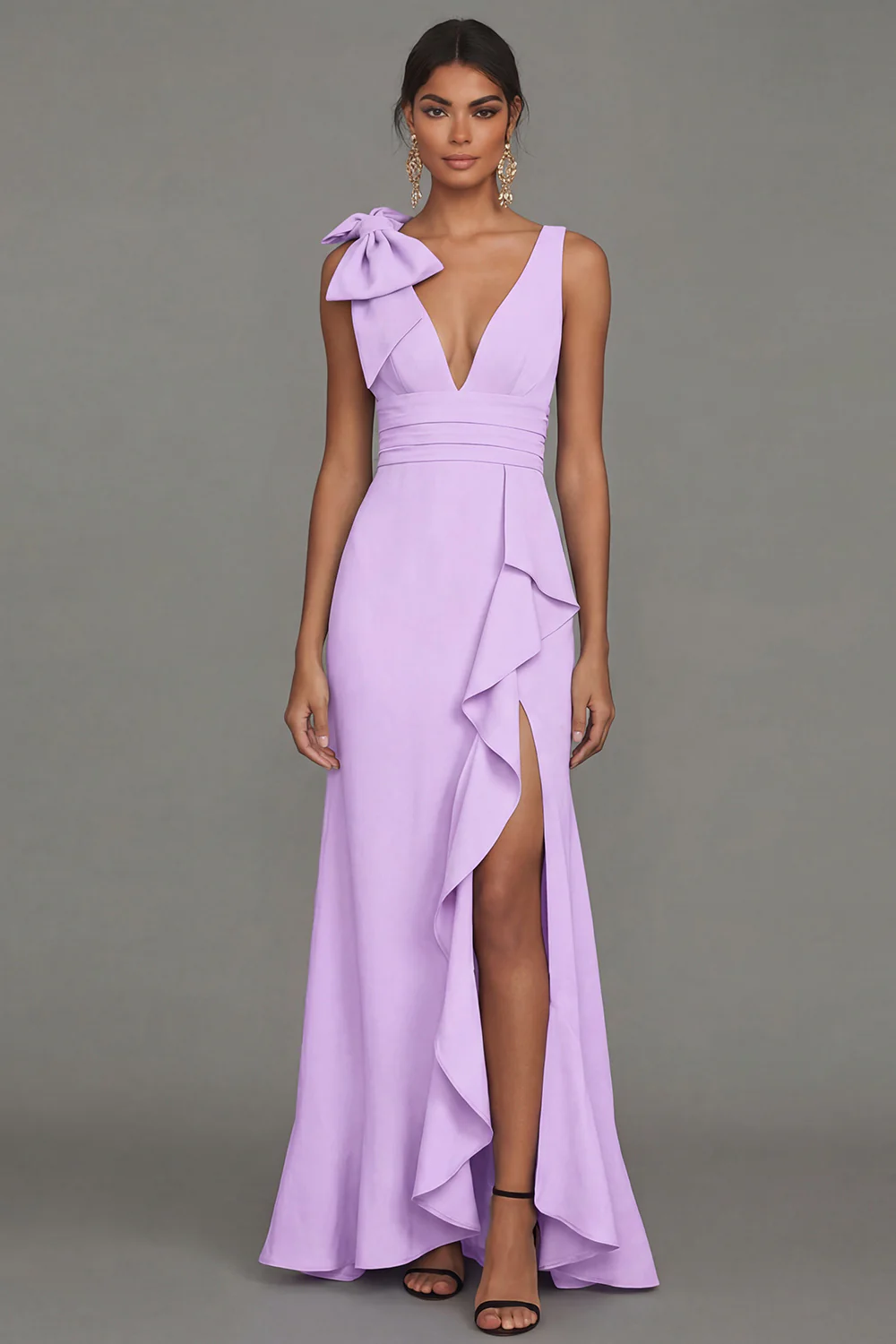 Dark Green A Line V-Neck Bowed Long Evening Dress with Ruffle Slit - Image 18
