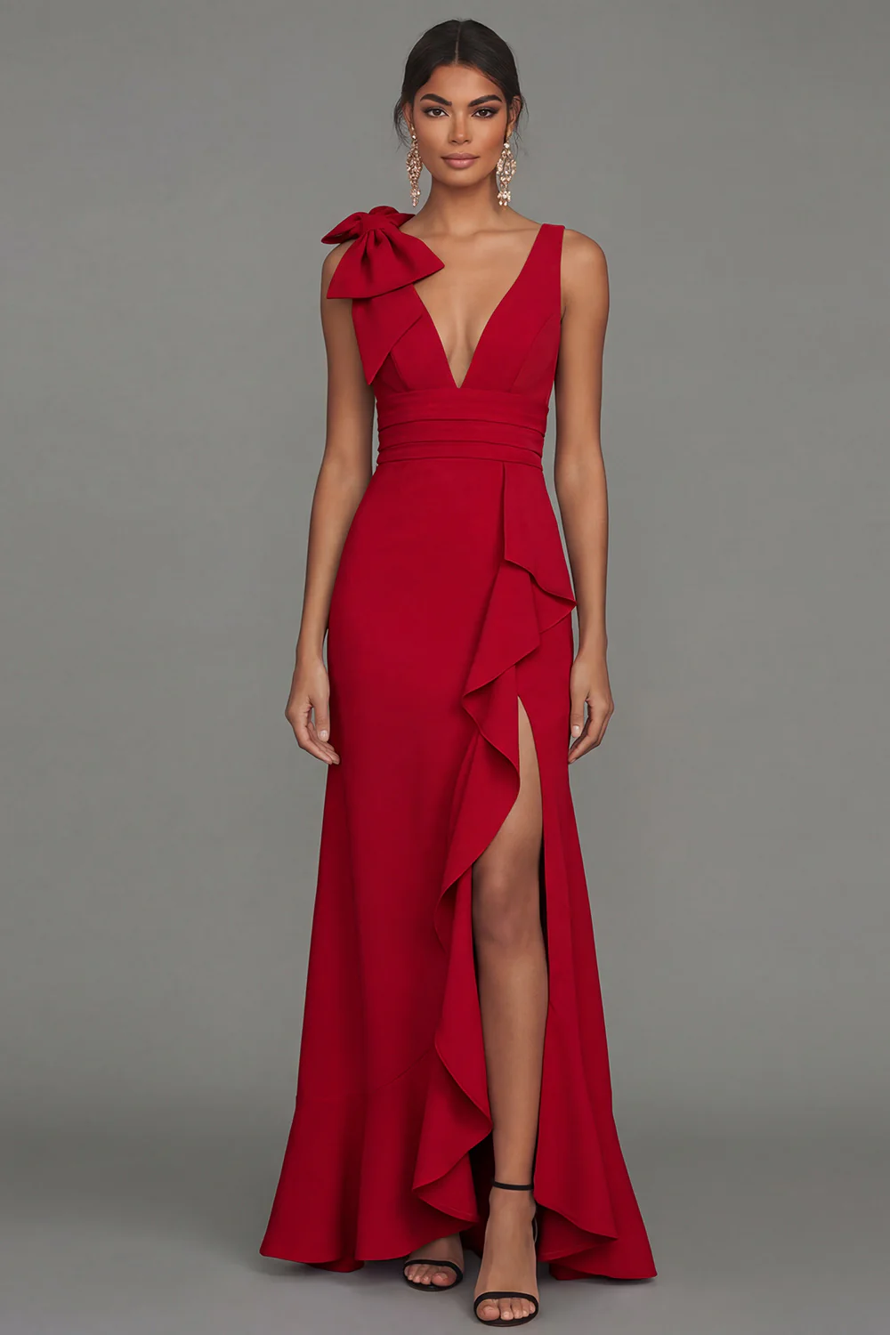 Dark Green A Line V-Neck Bowed Long Evening Dress with Ruffle Slit - Image 19