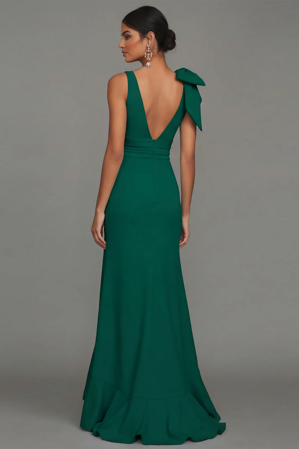 Dark Green A Line V-Neck Bowed Long Evening Dress with Ruffle Slit - Image 2