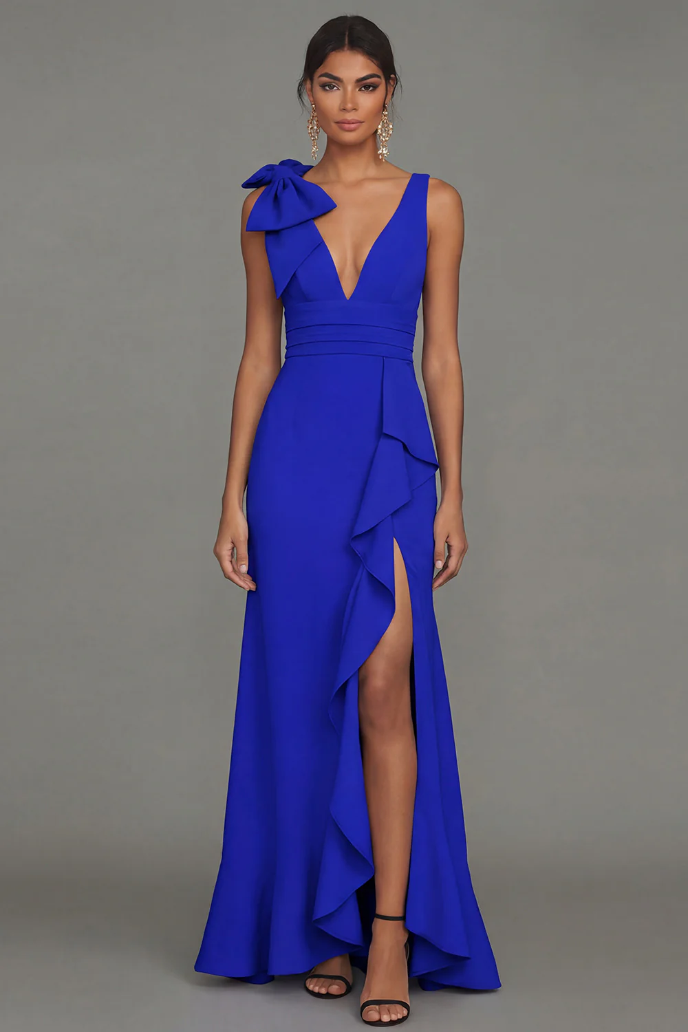 Dark Green A Line V-Neck Bowed Long Evening Dress with Ruffle Slit - Image 20