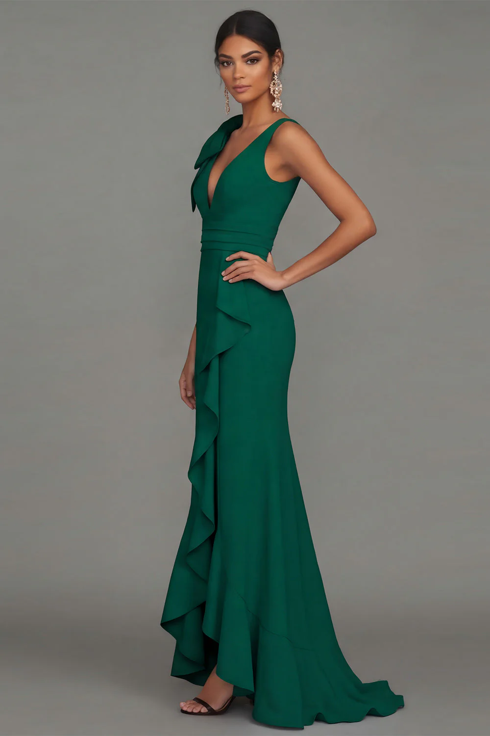 Dark Green A Line V-Neck Bowed Long Evening Dress with Ruffle Slit - Image 3