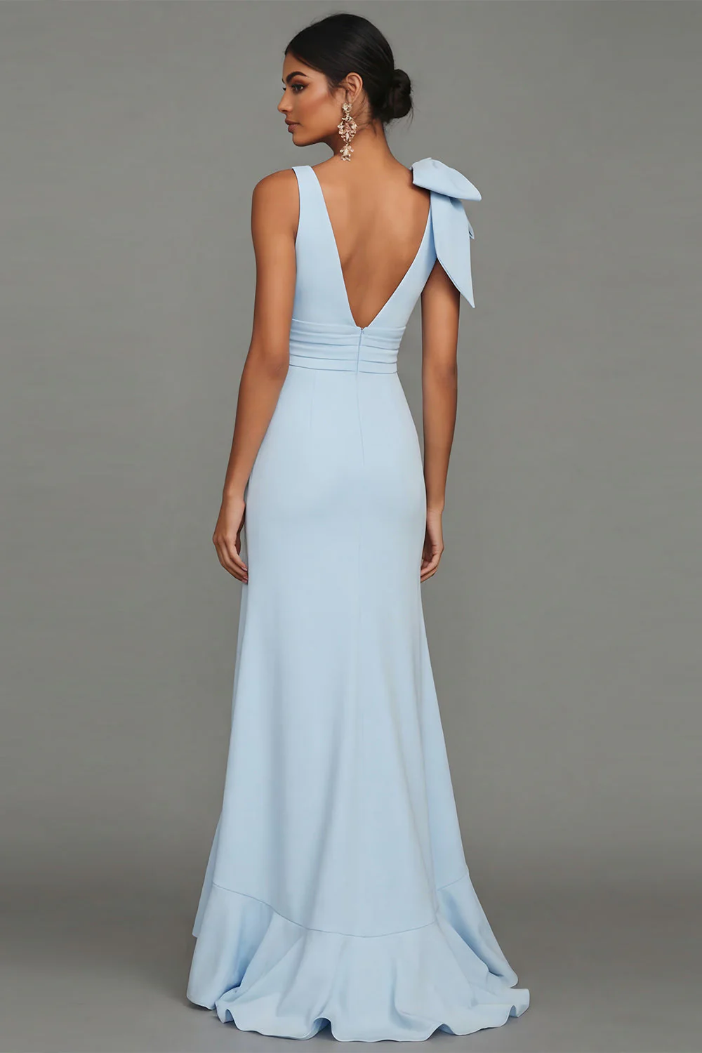 Dark Green A Line V-Neck Bowed Long Evening Dress with Ruffle Slit - Image 7