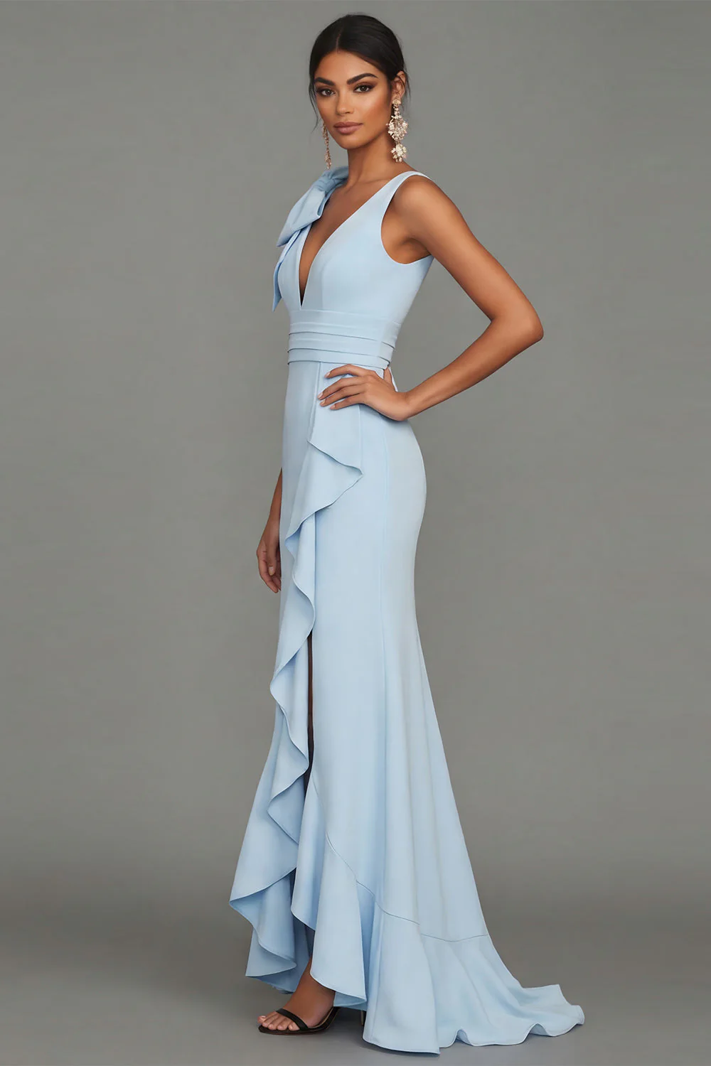 Dark Green A Line V-Neck Bowed Long Evening Dress with Ruffle Slit - Image 8