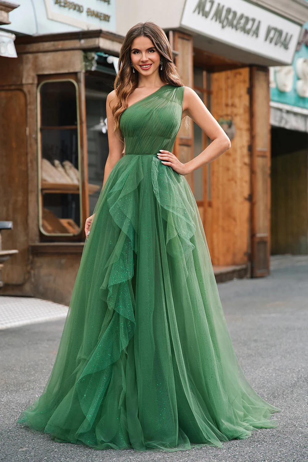 Dark Green Tulle A-Line One-Shoulder Long Prom Dresses - Image 3