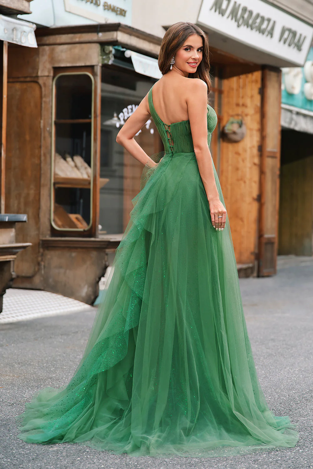 Dark Green Tulle A-Line One-Shoulder Long Prom Dresses - Image 4