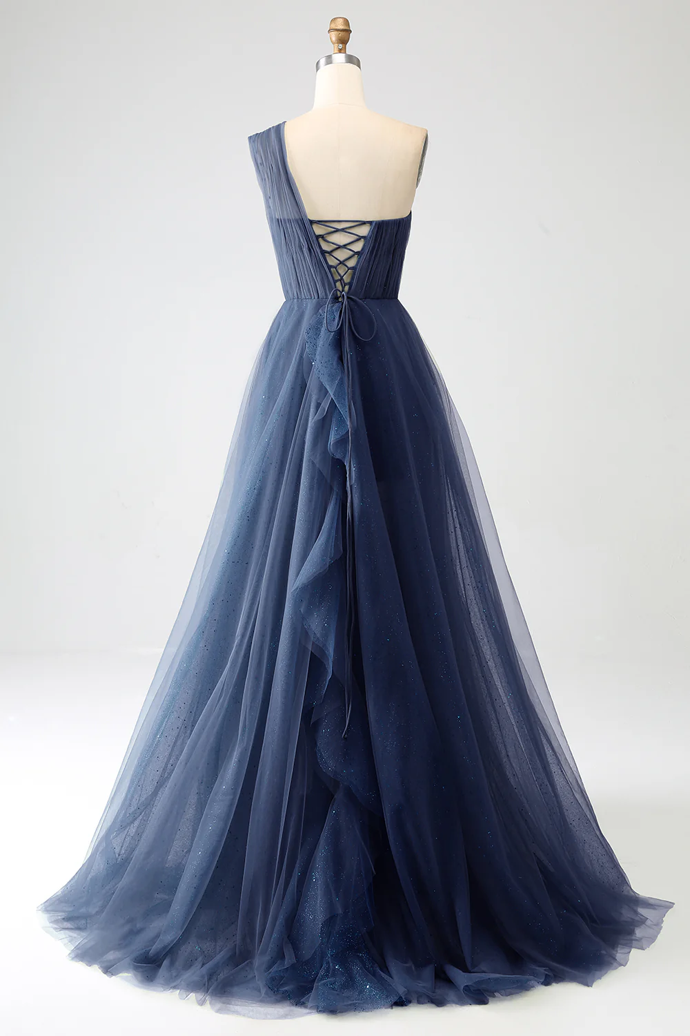 Dark Green Tulle A-Line One-Shoulder Long Prom Dresses - Image 10