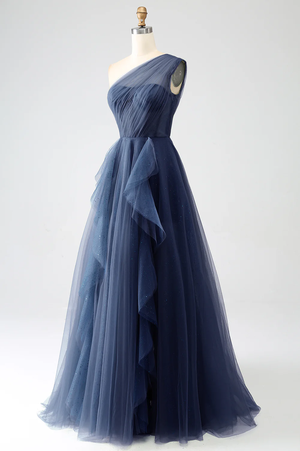 Dark Green Tulle A-Line One-Shoulder Long Prom Dresses - Image 11