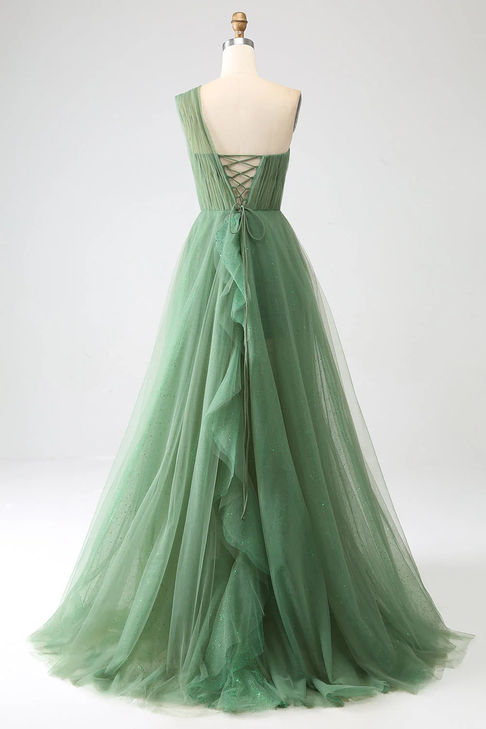 Dark Green Tulle A-Line One-Shoulder Long Prom Dresses - Image 2