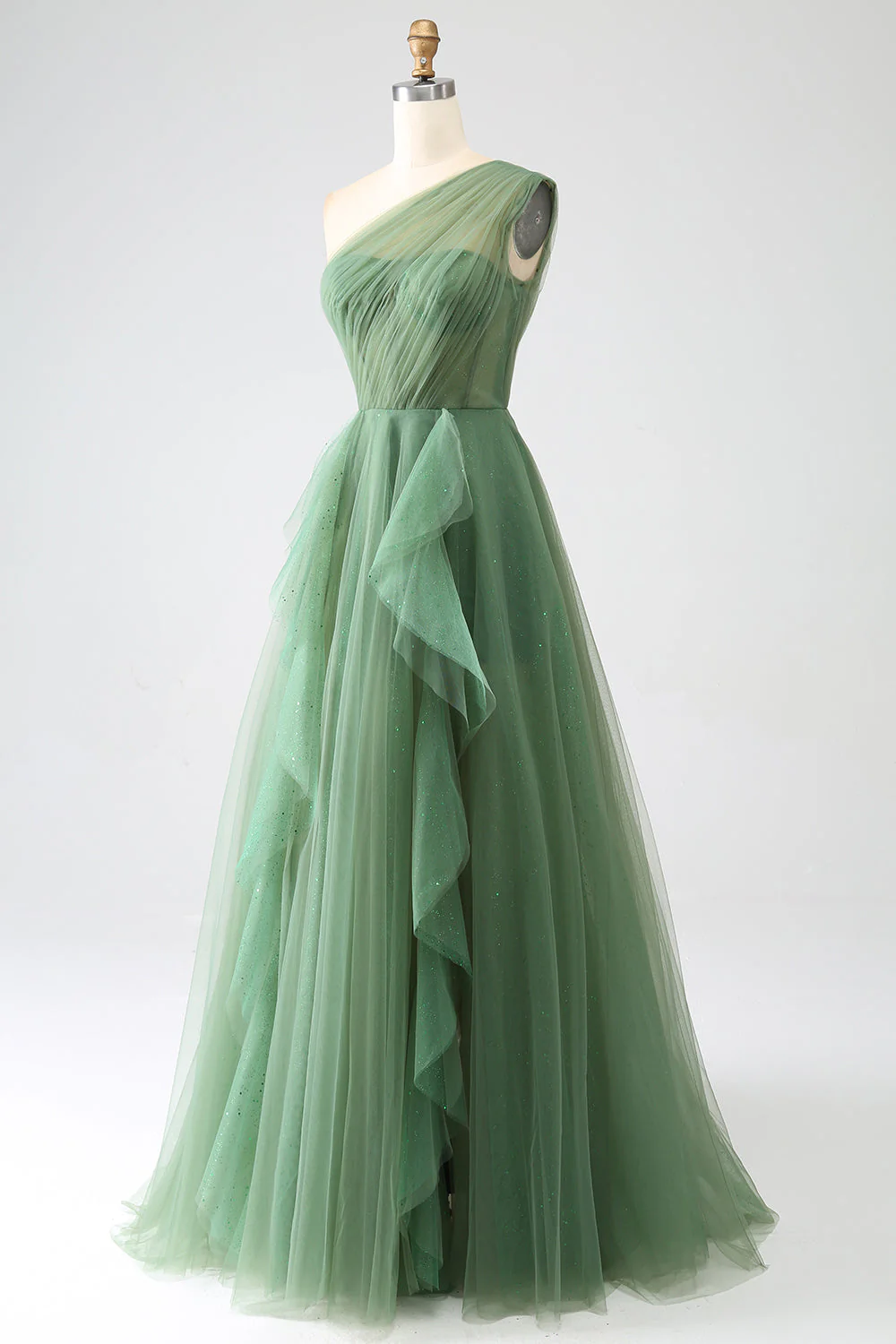 Dark Green Tulle A-Line One-Shoulder Long Prom Dresses - Image 5