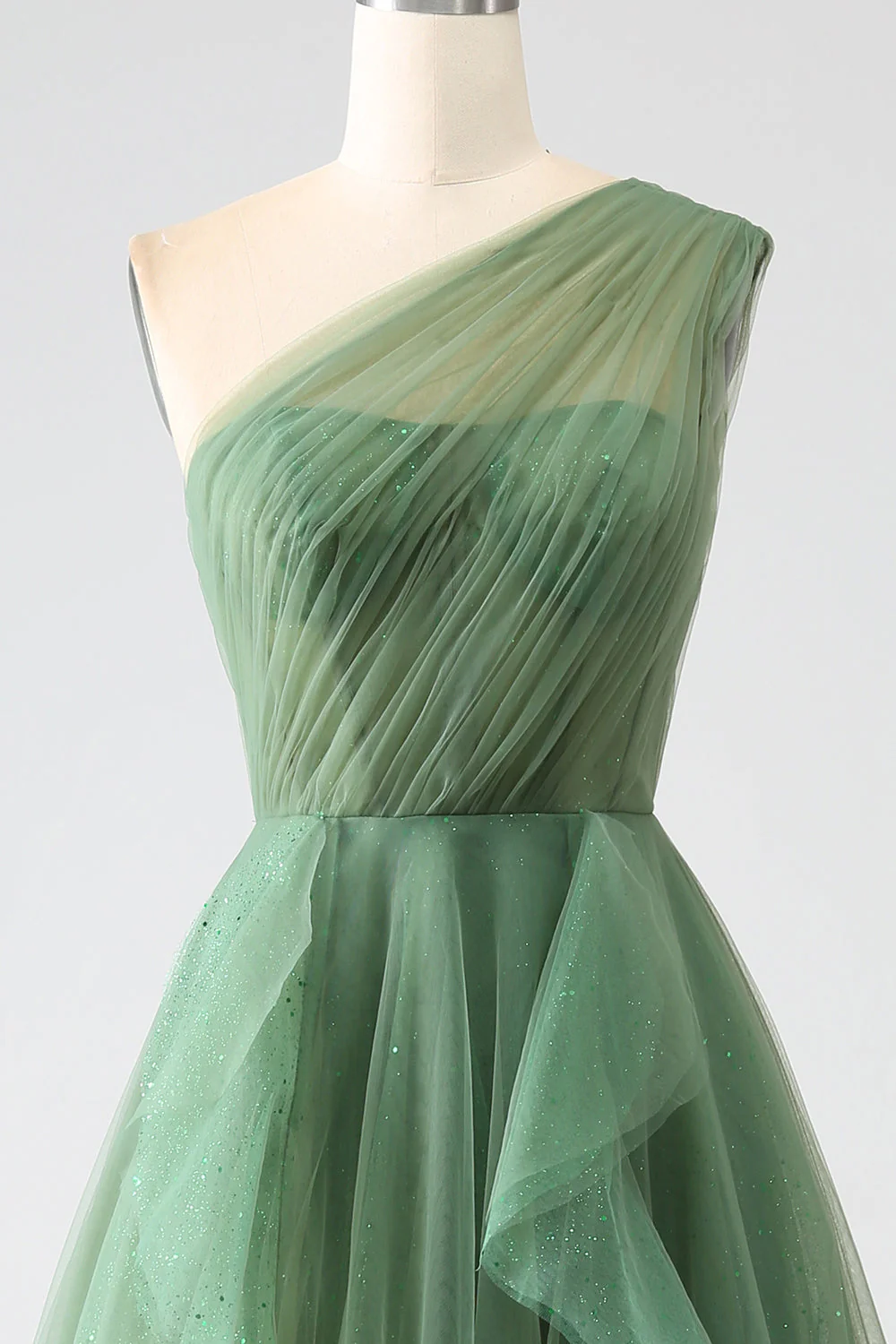 Dark Green Tulle A-Line One-Shoulder Long Prom Dresses - Image 6