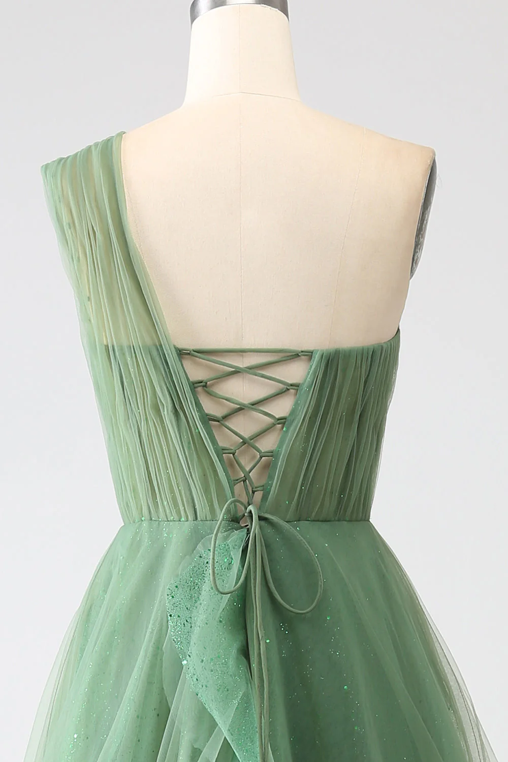 Dark Green Tulle A-Line One-Shoulder Long Prom Dresses - Image 7