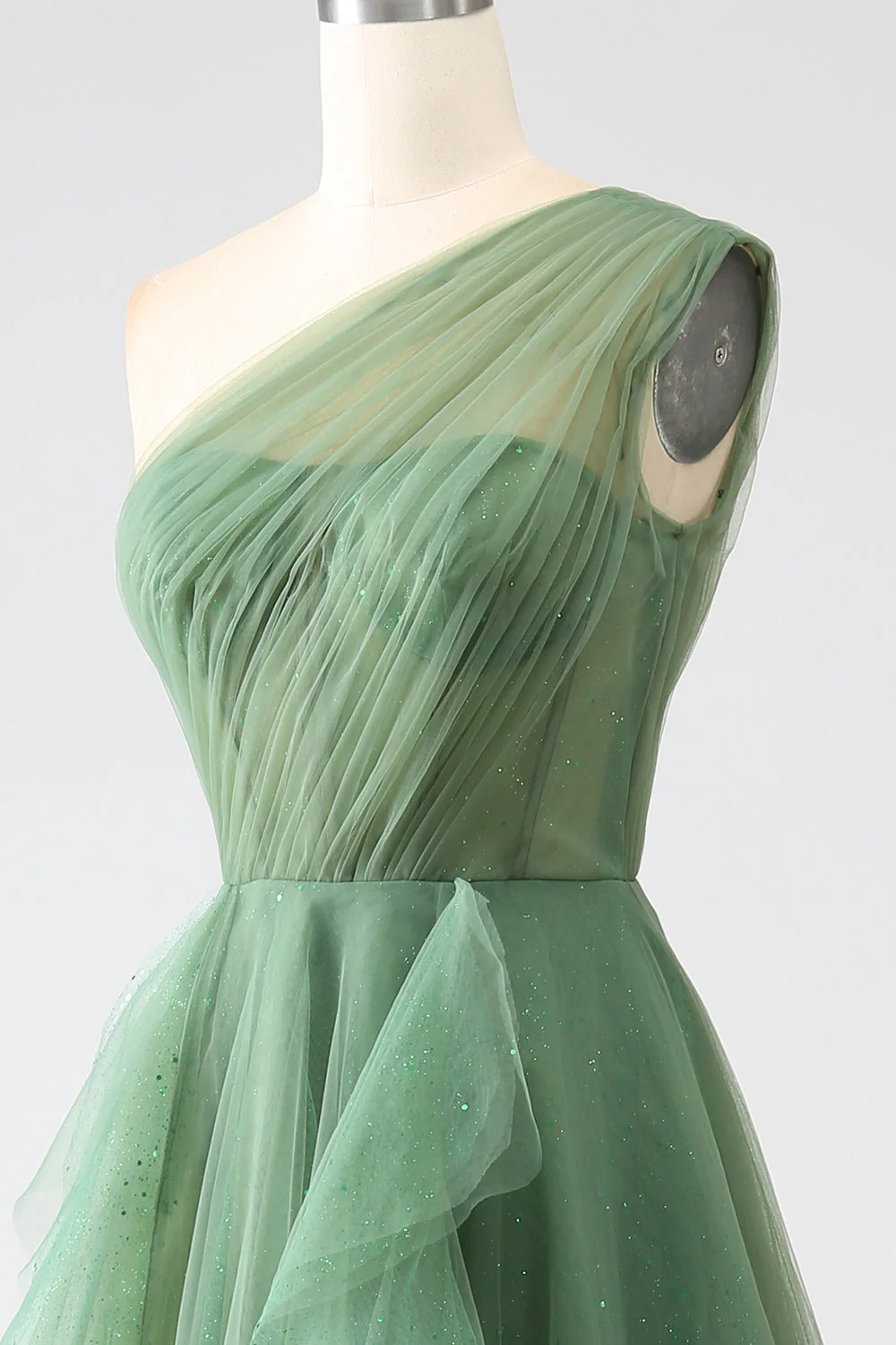 Dark Green Tulle A-Line One-Shoulder Long Prom Dresses - Image 8