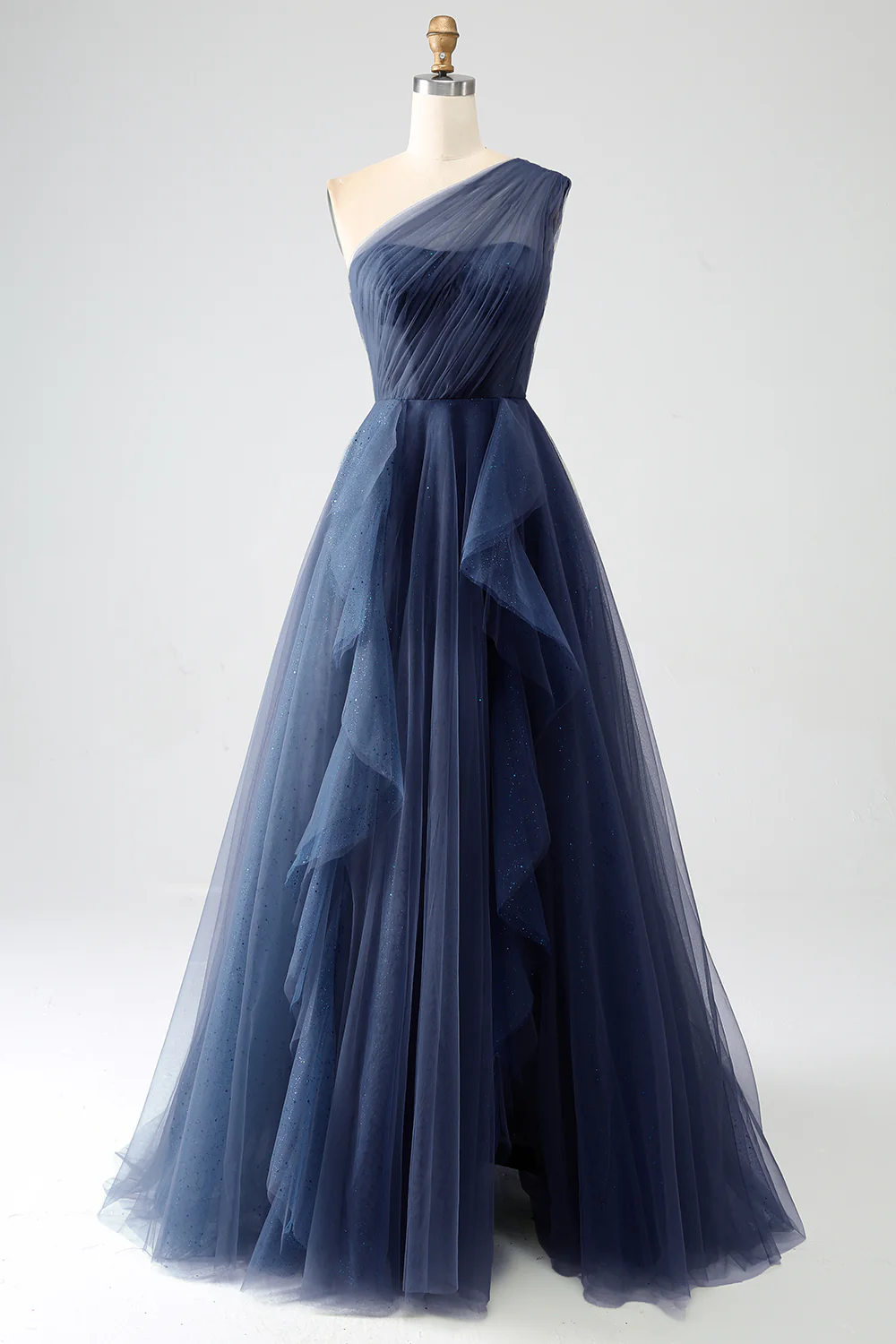 Dark Green Tulle A-Line One-Shoulder Long Prom Dresses - Image 9