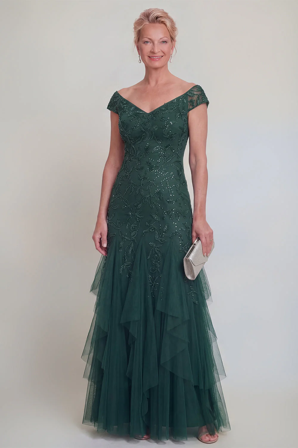 Dark Green Tulle Ruffled V-Neck Long Mother of The Bride Dress with Sleeves