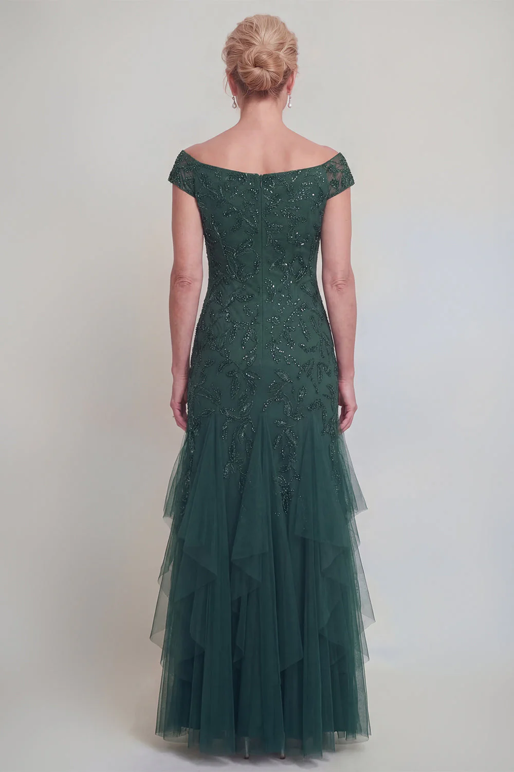 Dark Green Tulle Ruffled V-Neck Long Mother of The Bride Dress with Sleeves - Image 2