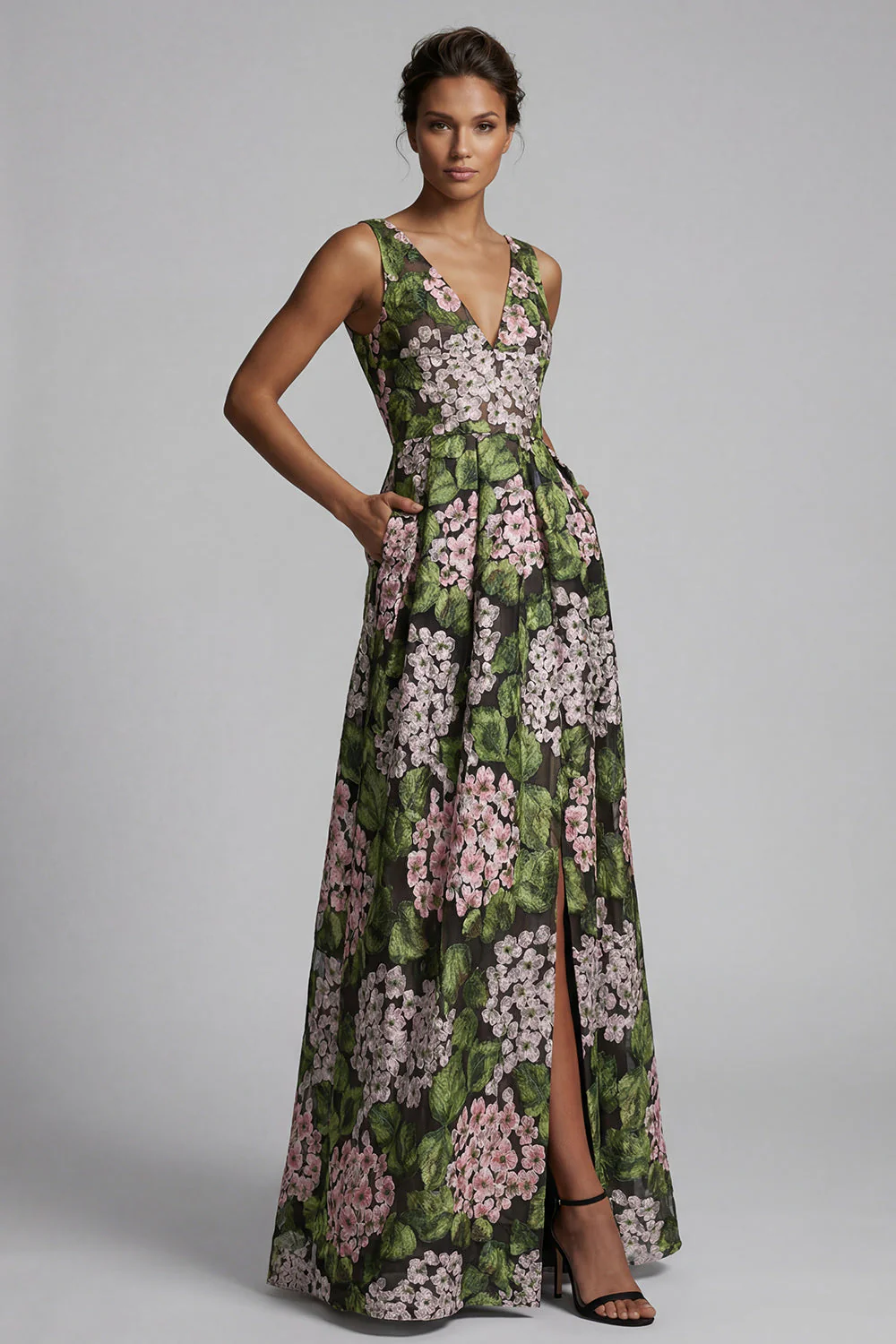 Dark Green Floral V-Neck Long A Line Mother of the Bride Dress with Slit