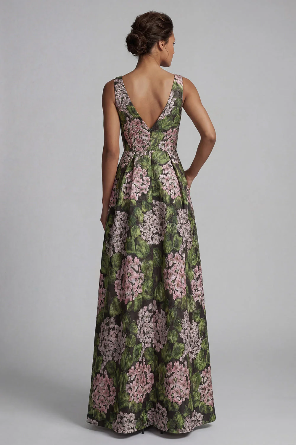 Dark Green Floral V-Neck Long A Line Mother of the Bride Dress with Slit - Image 2
