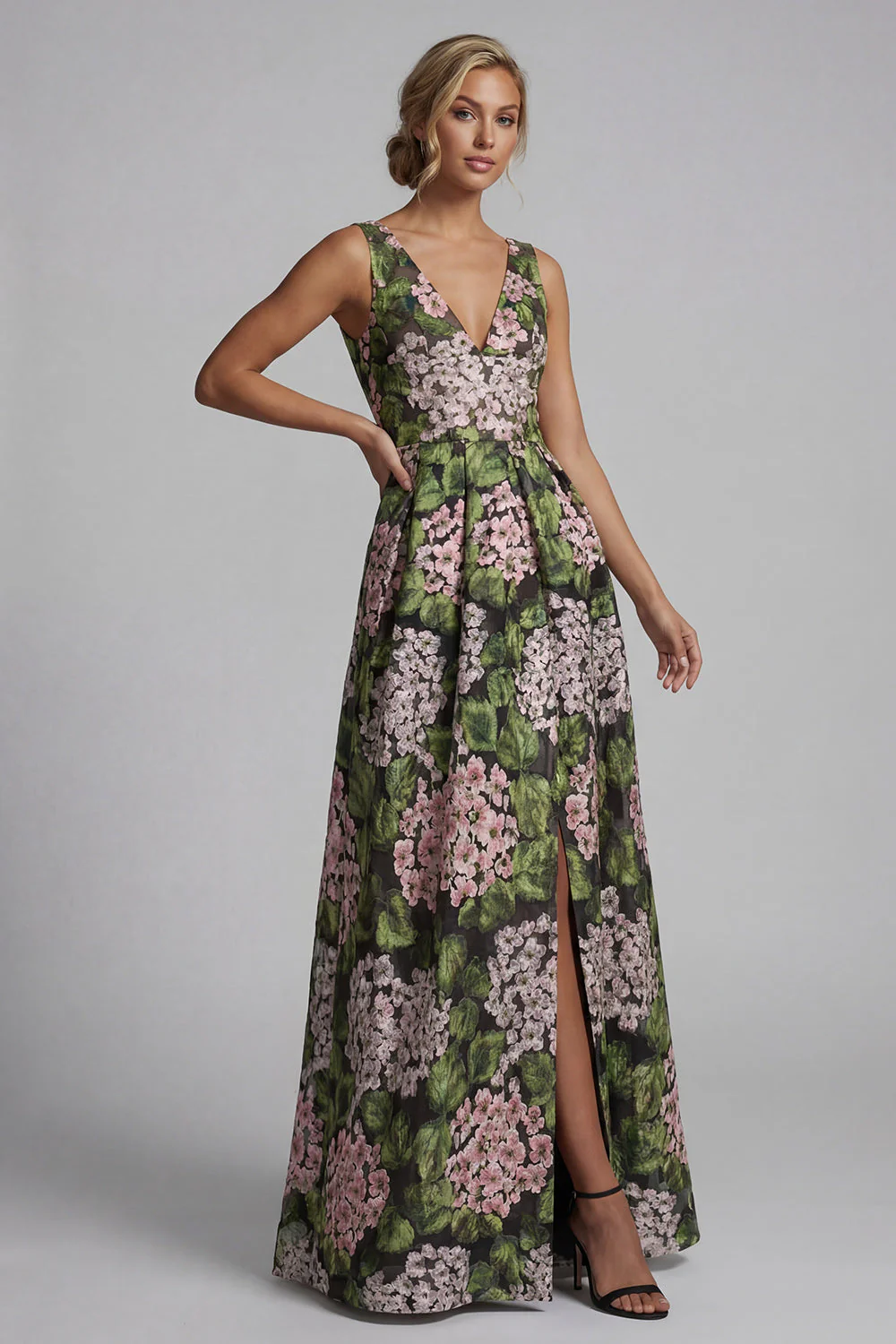 Dark Green Floral V-Neck Long A Line Mother of the Bride Dress with Slit - Image 3