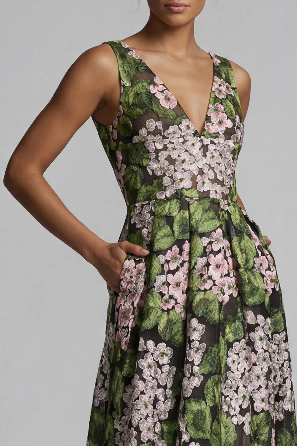 Dark Green Floral V-Neck Long A Line Mother of the Bride Dress with Slit - Image 4