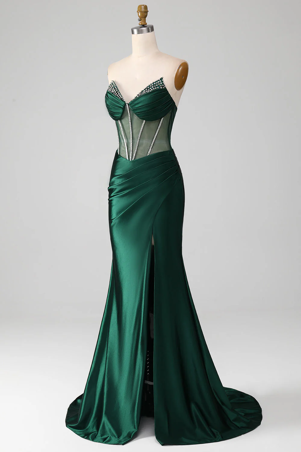 Dark Green Strapless Corset Mermaid Pleated Prom Dress - Image 3