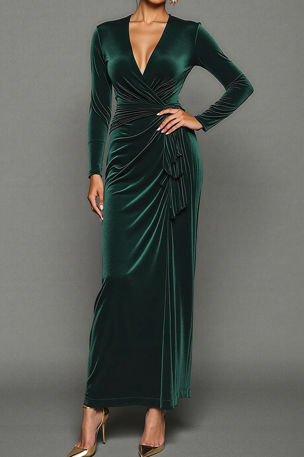 Dark Green Velvet Sheath V-Neck Long Holiday Party Dress - Image 2